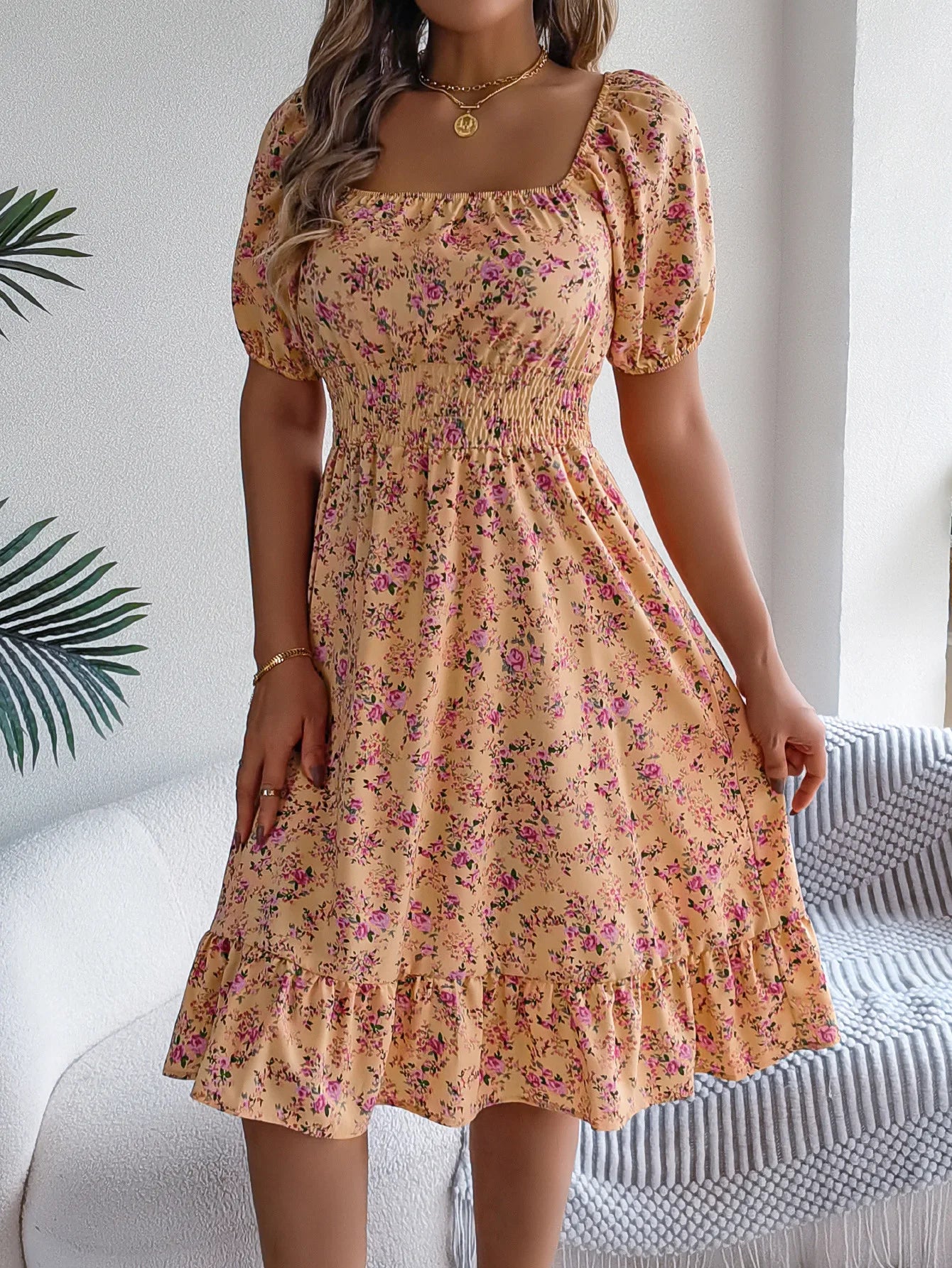 Lady Print Dress Fashion Short Sleeve Pullover Dresses For Women Casual High Waist Loose Holiday Beach Dresses Robe Summer New
