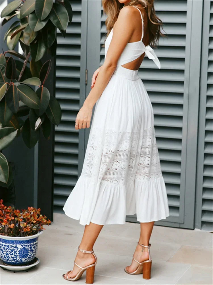 Summer Boho Long Dress Women Sleeveless Lace Pleated Beach White Dress for Evening Party Casual Dresses Vestidos Fashion