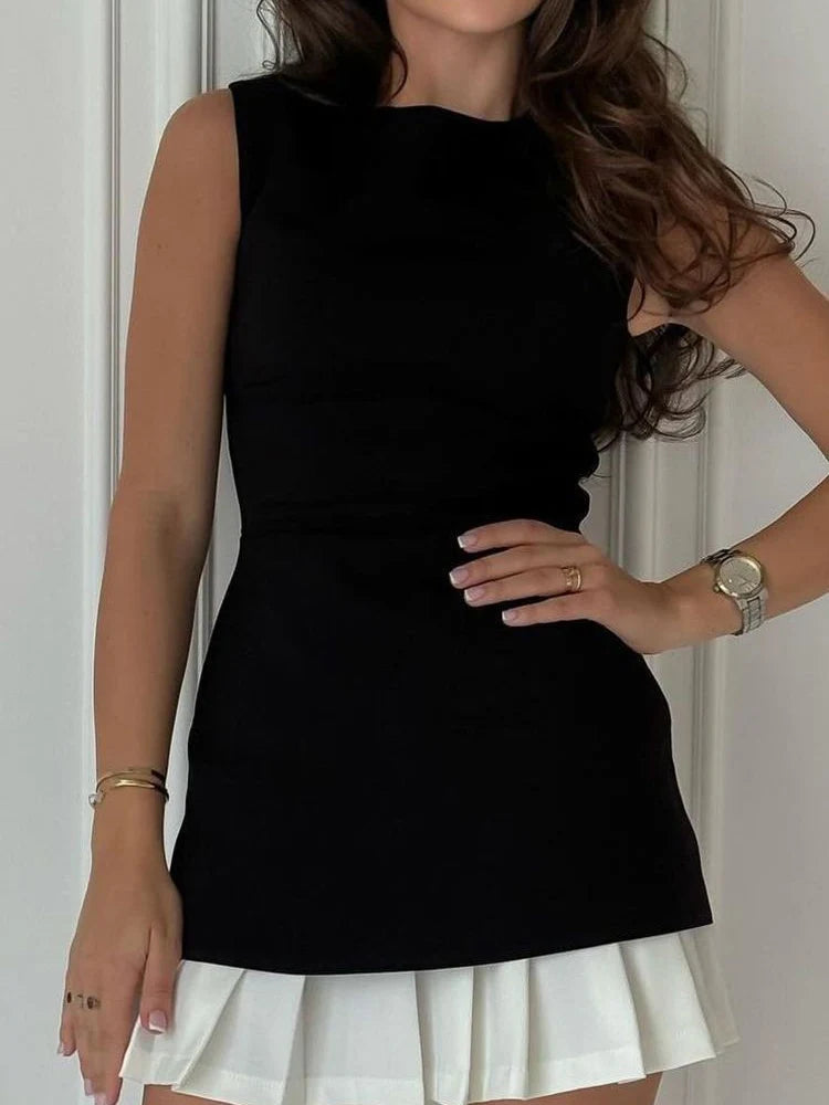 Lady Office Commute High street Mini Dress Elegant Patchwork Pleated Short Dress For Women Fashion Slim Sleeveless Vestidos