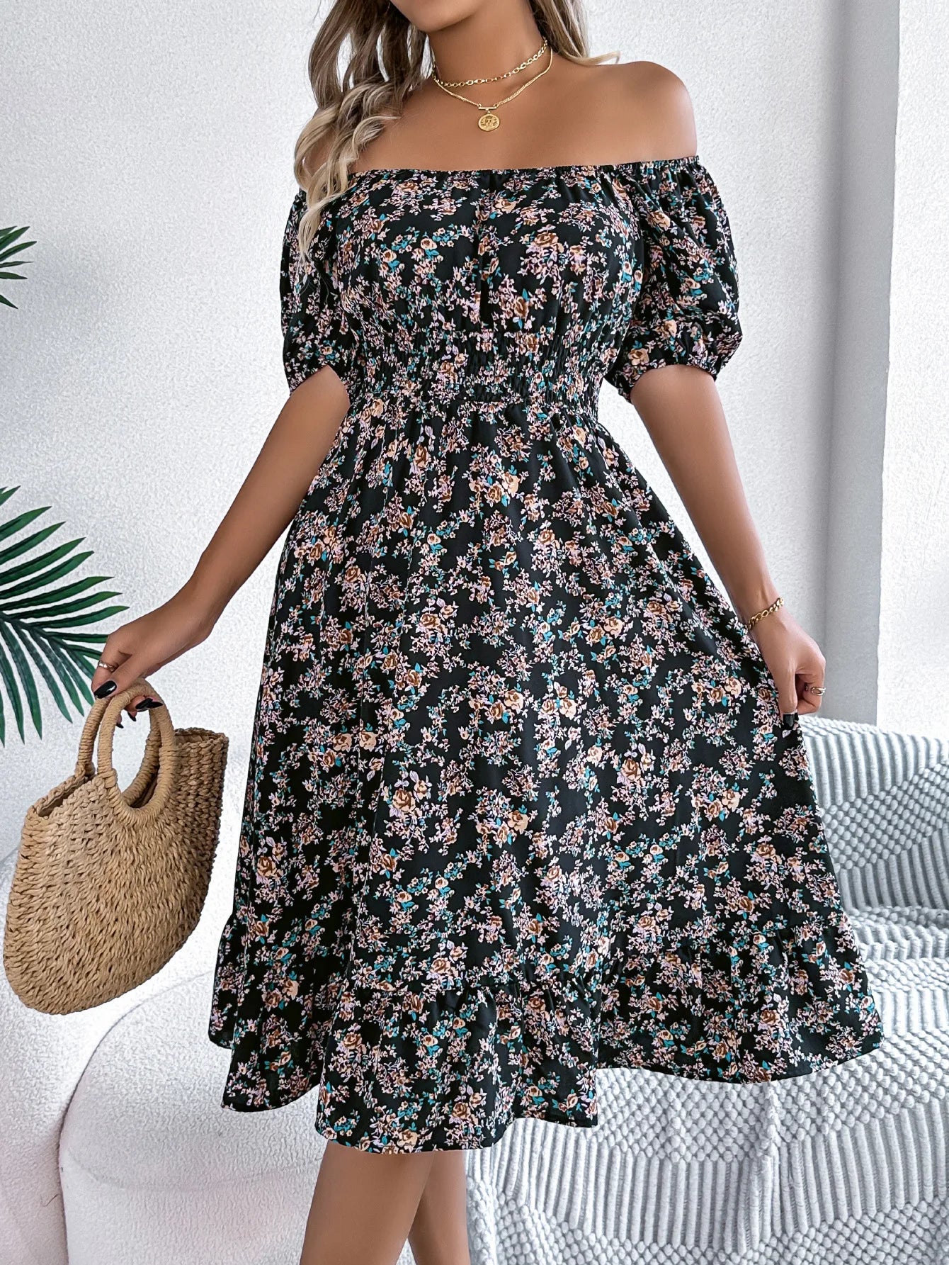 Lady Print Dress Fashion Short Sleeve Pullover Dresses For Women Casual High Waist Loose Holiday Beach Dresses Robe Summer New