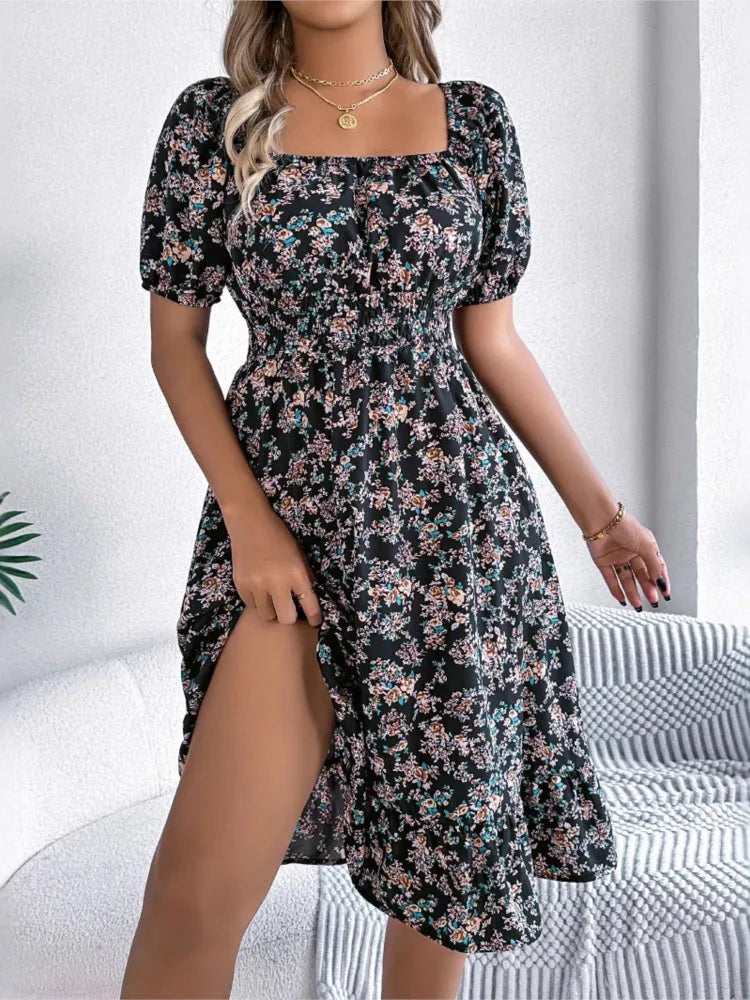 Lady Print Dress Fashion Short Sleeve Pullover Dresses For Women Casual High Waist Loose Holiday Beach Dresses Robe Summer New