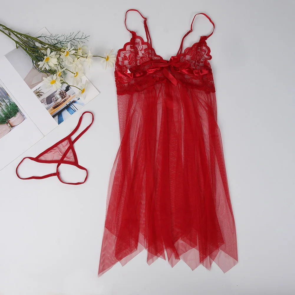 2024 New Lace Sexy Women Nightgown Split Sexy Short Skirt Pajama Sheer Seduction Set With G-String Split Dress For Women Gift