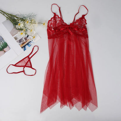 2024 New Lace Sexy Women Nightgown Split Sexy Short Skirt Pajama Sheer Seduction Set With G-String Split Dress For Women Gift