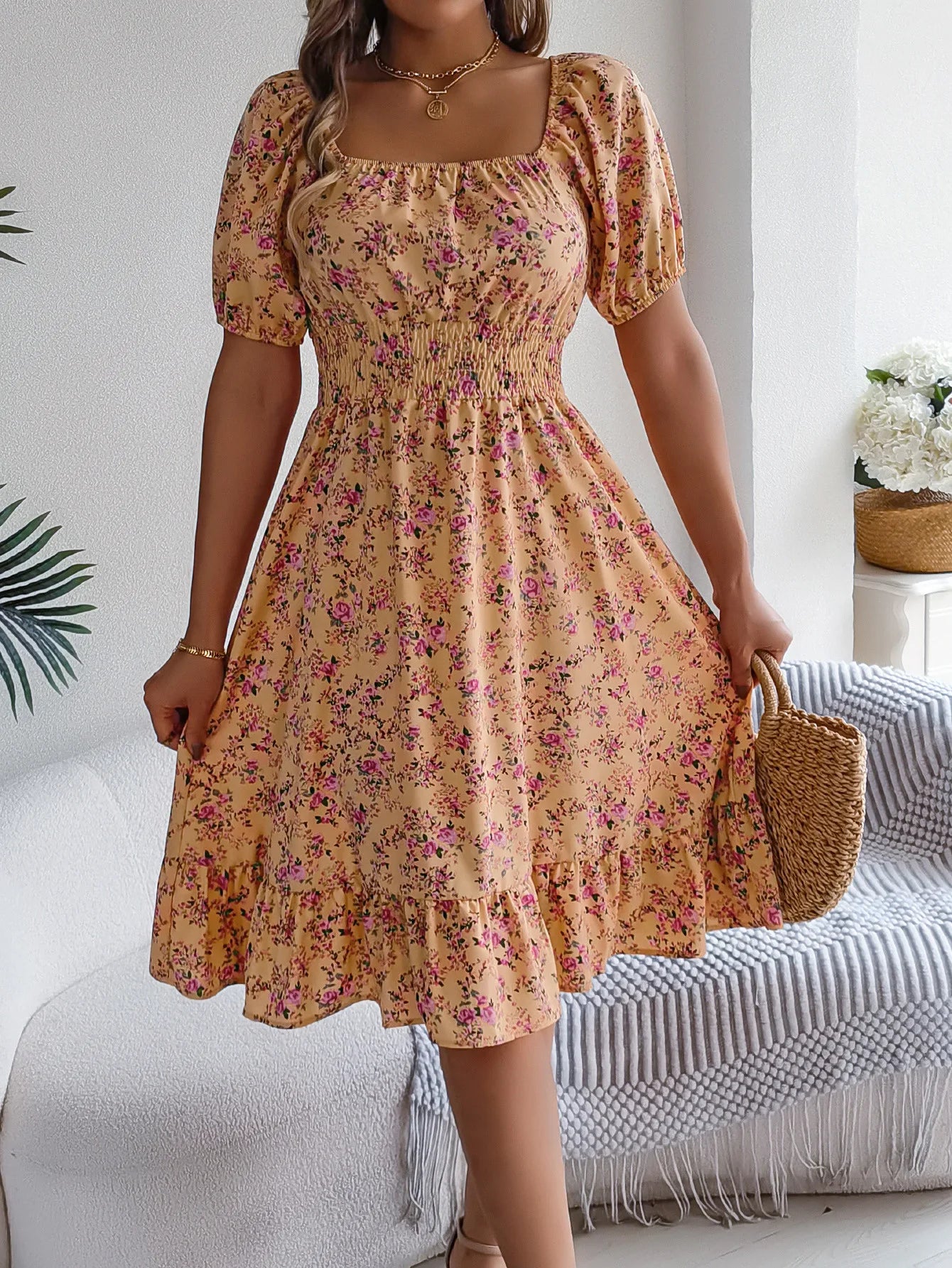 Lady Print Dress Fashion Short Sleeve Pullover Dresses For Women Casual High Waist Loose Holiday Beach Dresses Robe Summer New