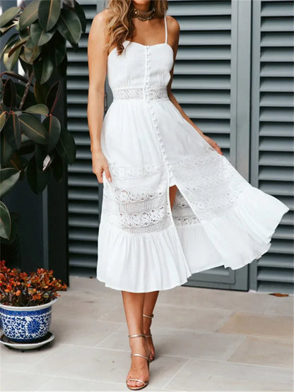 Summer Boho Long Dress Women Sleeveless Lace Pleated Beach White Dress for Evening Party Casual Dresses Vestidos Fashion