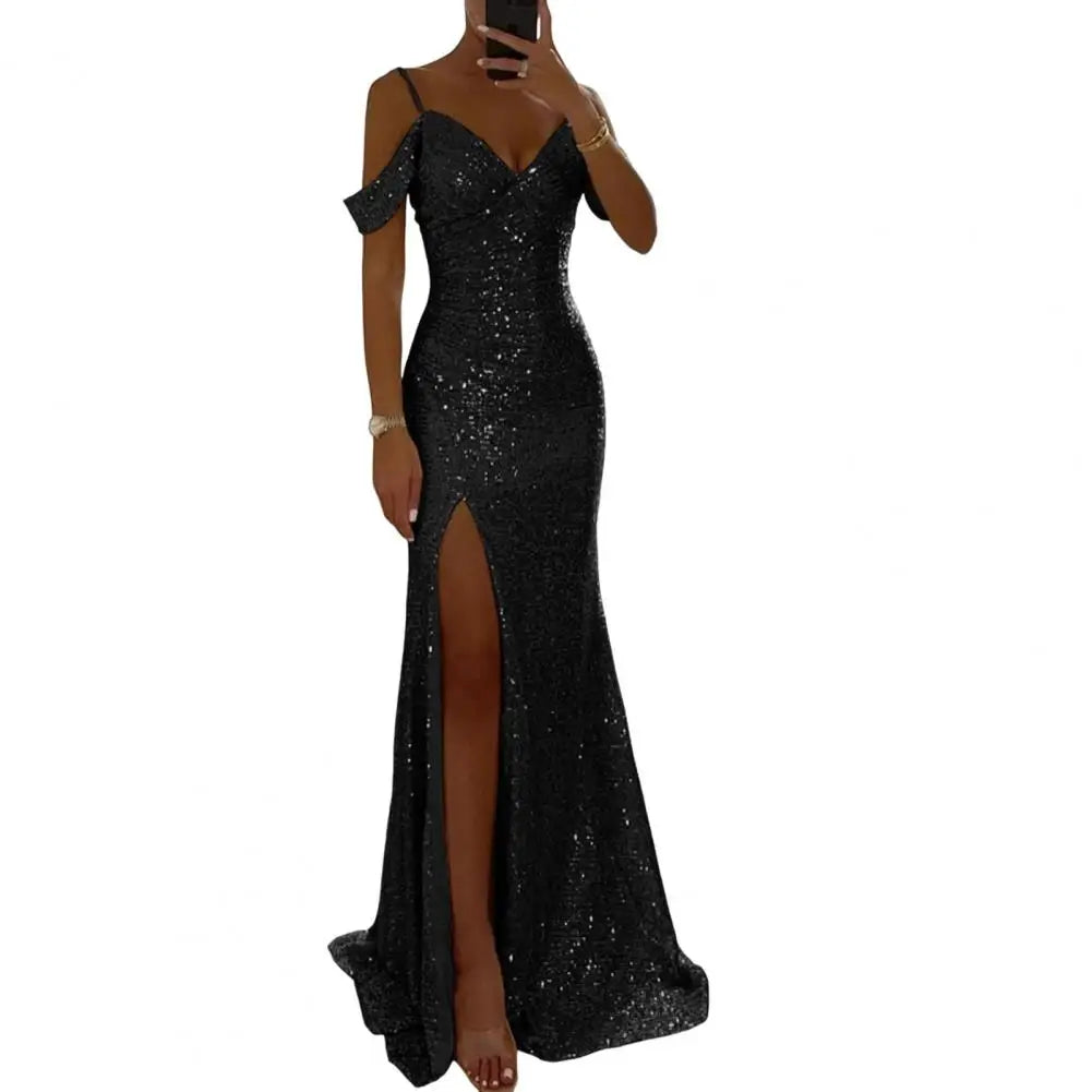 Long Dress Off Shoulder Dress Elegant Sequin Ball Gown for Prom Wedding Parties Off Shoulder V Neck Maxi Dress with Side Slit