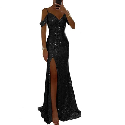 Long Dress Off Shoulder Dress Elegant Sequin Ball Gown for Prom Wedding Parties Off Shoulder V Neck Maxi Dress with Side Slit