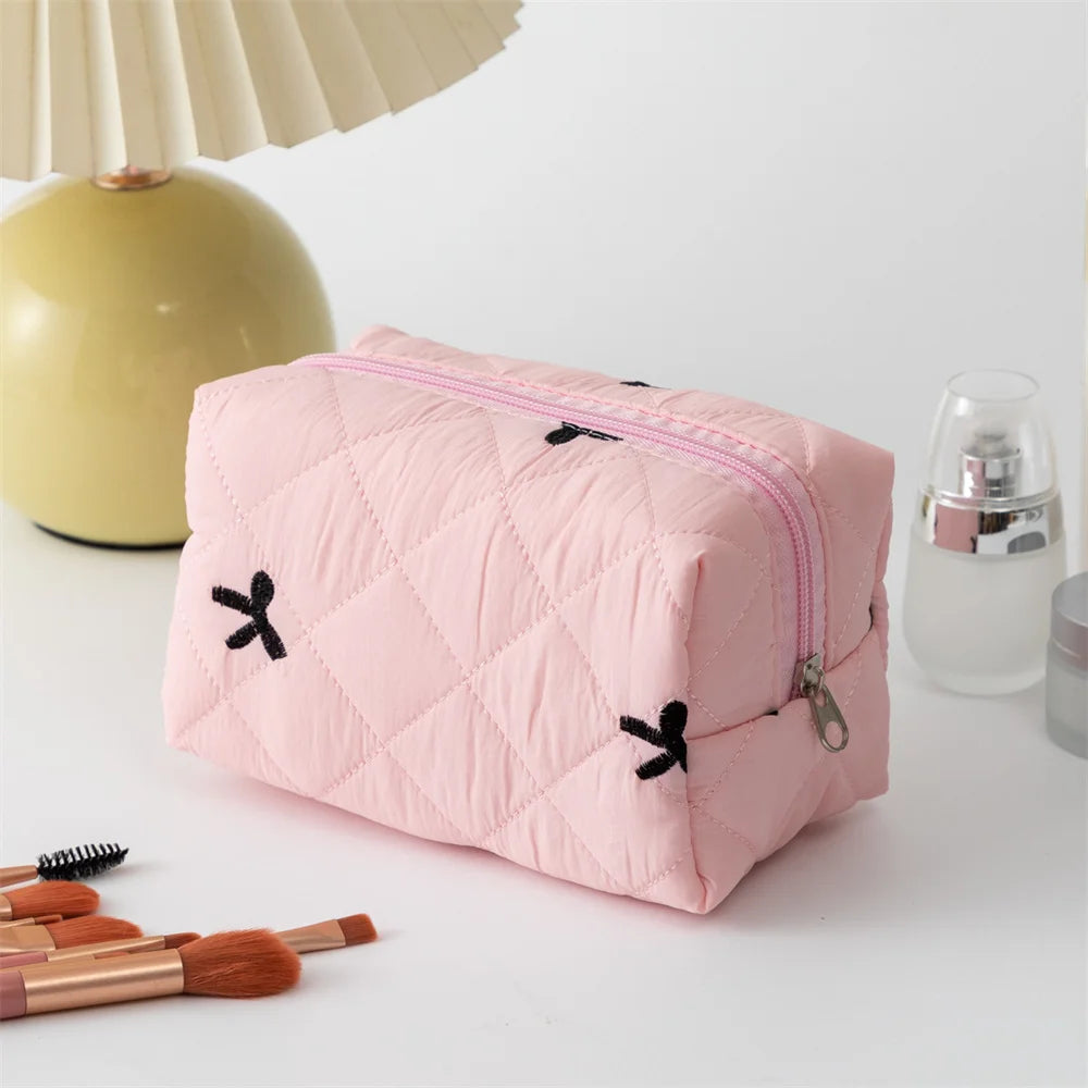 Embroidered Bow Makeup Bag - Large Capacity Travel Cosmetic Organizer