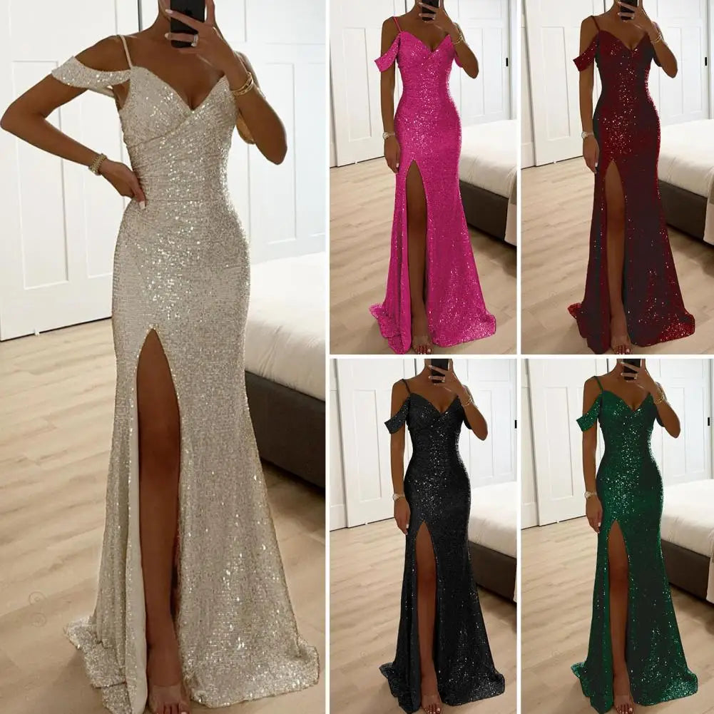 Long Dress Off Shoulder Dress Elegant Sequin Ball Gown for Prom Wedding Parties Off Shoulder V Neck Maxi Dress with Side Slit