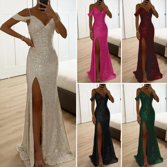Long Dress Off Shoulder Dress Elegant Sequin Ball Gown for Prom Wedding Parties Off Shoulder V Neck Maxi Dress with Side Slit