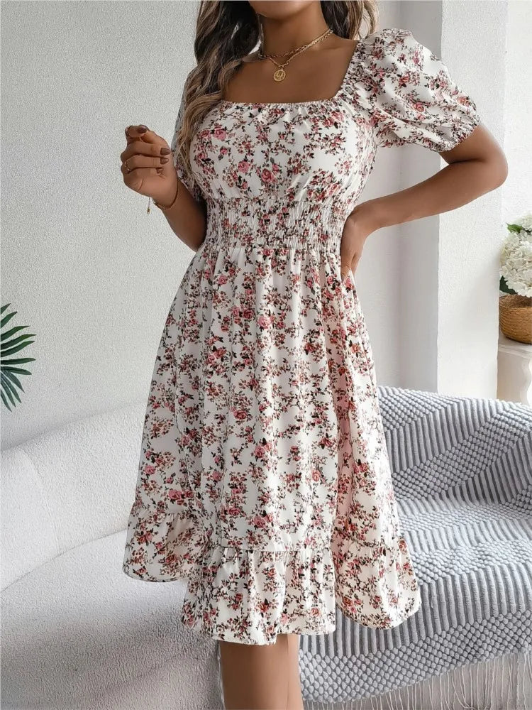 Lady Print Dress Fashion Short Sleeve Pullover Dresses For Women Casual High Waist Loose Holiday Beach Dresses Robe Summer New
