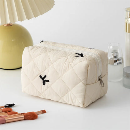 Embroidered Bow Makeup Bag - Large Capacity Travel Cosmetic Organizer