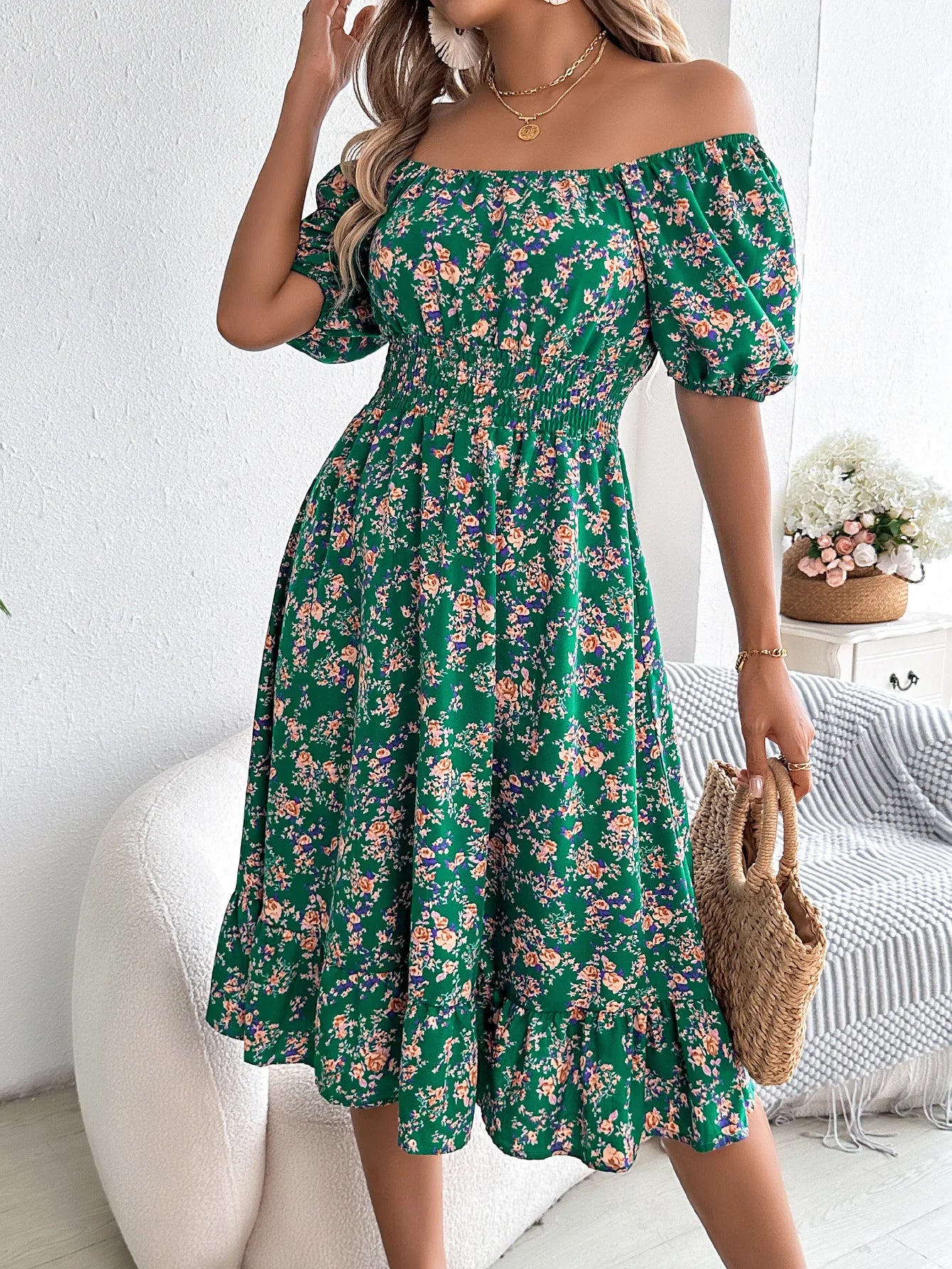 Lady Print Dress Fashion Short Sleeve Pullover Dresses For Women Casual High Waist Loose Holiday Beach Dresses Robe Summer New