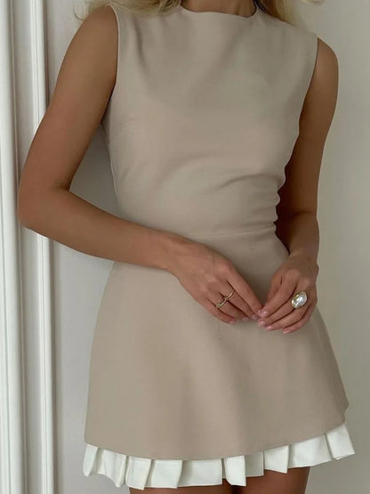 Lady Office Commute High street Mini Dress Elegant Patchwork Pleated Short Dress For Women Fashion Slim Sleeveless Vestidos