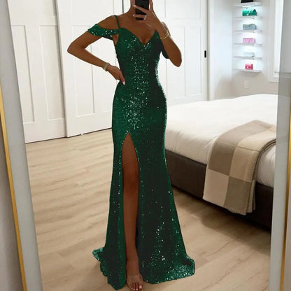 Long Dress Off Shoulder Dress Elegant Sequin Ball Gown for Prom Wedding Parties Off Shoulder V Neck Maxi Dress with Side Slit