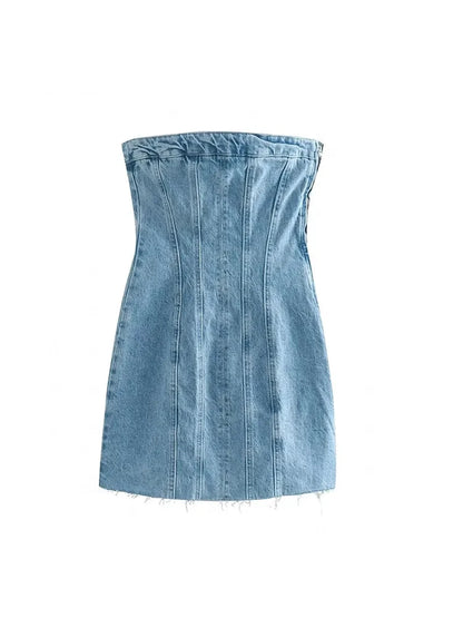 Nlzgmsj Sexy Blue Denim Sheath Mini Party Dress Women Y2K Street Style Jeans Tube Backless Bodycon Dress Fashion 2024 Vestidos