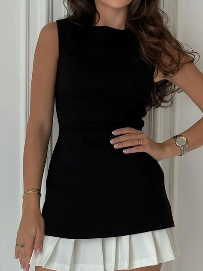 Lady Office Commute High street Mini Dress Elegant Patchwork Pleated Short Dress For Women Fashion Slim Sleeveless Vestidos