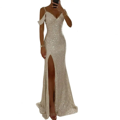 Long Dress Off Shoulder Dress Elegant Sequin Ball Gown for Prom Wedding Parties Off Shoulder V Neck Maxi Dress with Side Slit