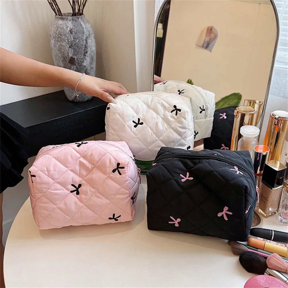 Embroidered Bow Makeup Bag - Large Capacity Travel Cosmetic Organizer