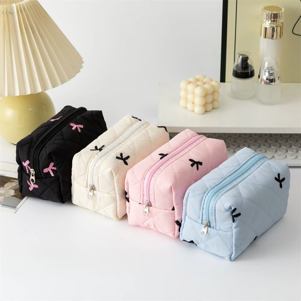 Embroidered Bow Makeup Bag - Large Capacity Travel Cosmetic Organizer