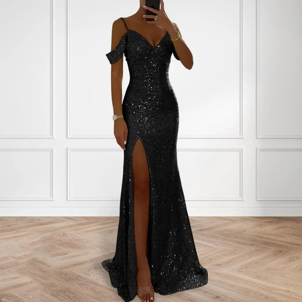 Long Dress Off Shoulder Dress Elegant Sequin Ball Gown for Prom Wedding Parties Off Shoulder V Neck Maxi Dress with Side Slit