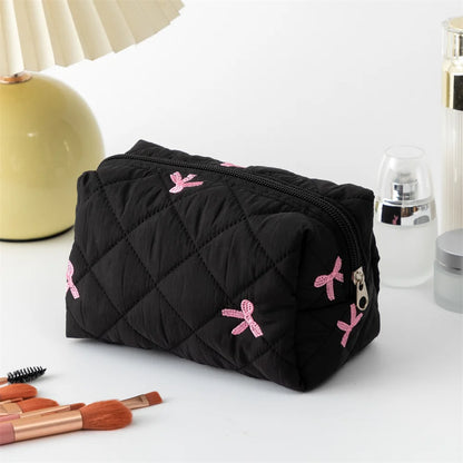 Embroidered Bow Makeup Bag - Large Capacity Travel Cosmetic Organizer