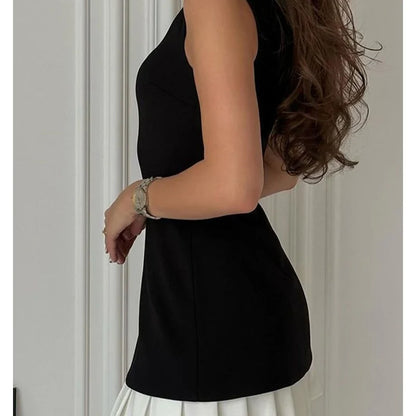 Lady Office Commute High street Mini Dress Elegant Patchwork Pleated Short Dress For Women Fashion Slim Sleeveless Vestidos