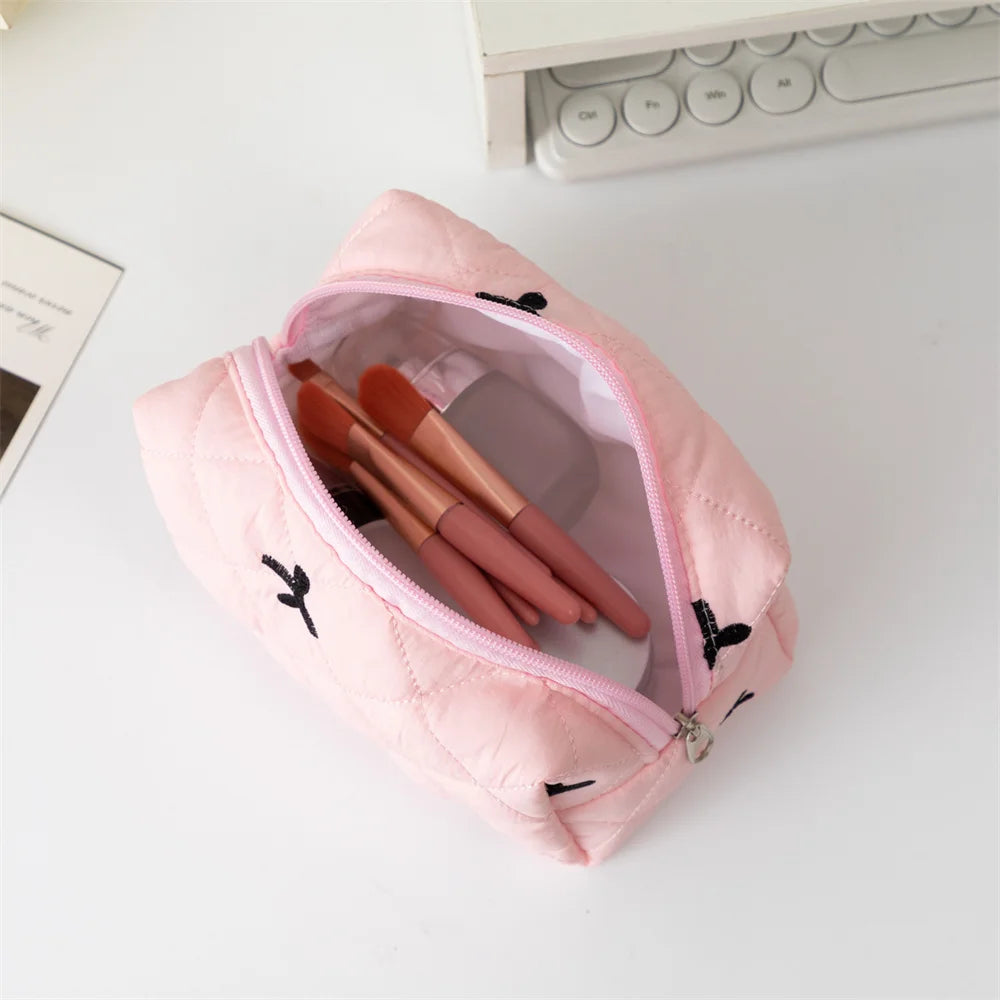 Embroidered Bow Makeup Bag - Large Capacity Travel Cosmetic Organizer