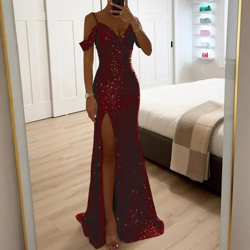 Long Dress Off Shoulder Dress Elegant Sequin Ball Gown for Prom Wedding Parties Off Shoulder V Neck Maxi Dress with Side Slit