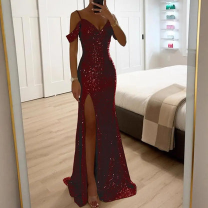 Long Dress Off Shoulder Dress Elegant Sequin Ball Gown for Prom Wedding Parties Off Shoulder V Neck Maxi Dress with Side Slit