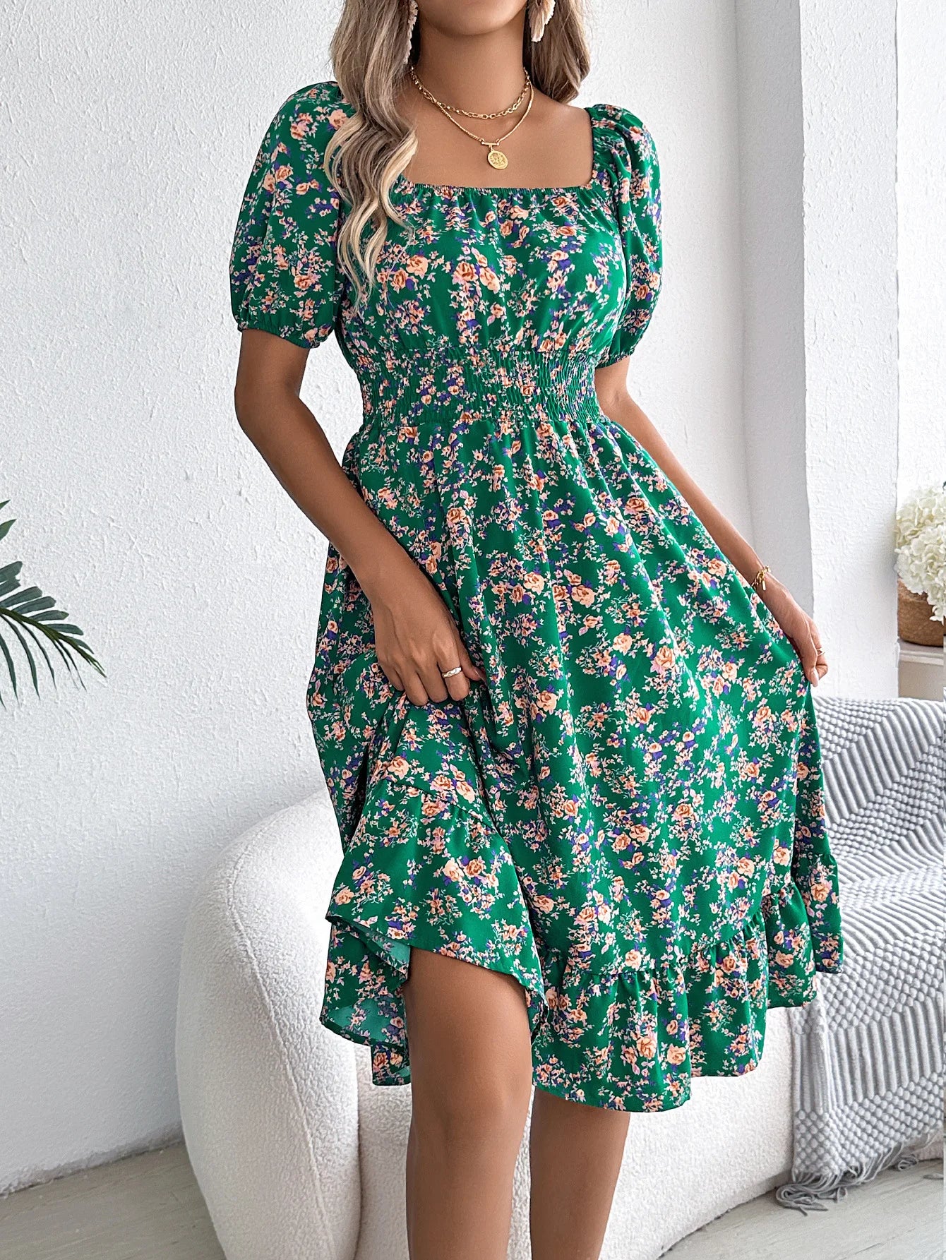 Lady Print Dress Fashion Short Sleeve Pullover Dresses For Women Casual High Waist Loose Holiday Beach Dresses Robe Summer New