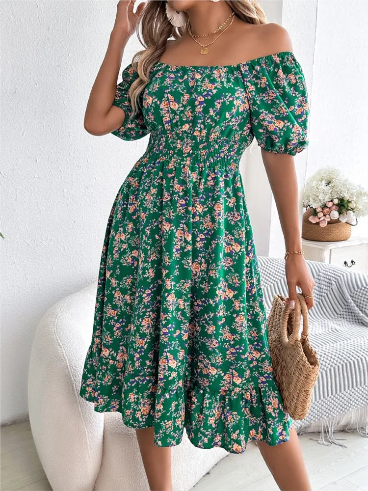 Lady Print Dress Fashion Short Sleeve Pullover Dresses For Women Casual High Waist Loose Holiday Beach Dresses Robe Summer New