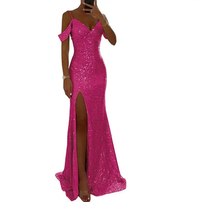 Long Dress Off Shoulder Dress Elegant Sequin Ball Gown for Prom Wedding Parties Off Shoulder V Neck Maxi Dress with Side Slit