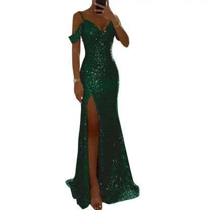 Long Dress Off Shoulder Dress Elegant Sequin Ball Gown for Prom Wedding Parties Off Shoulder V Neck Maxi Dress with Side Slit