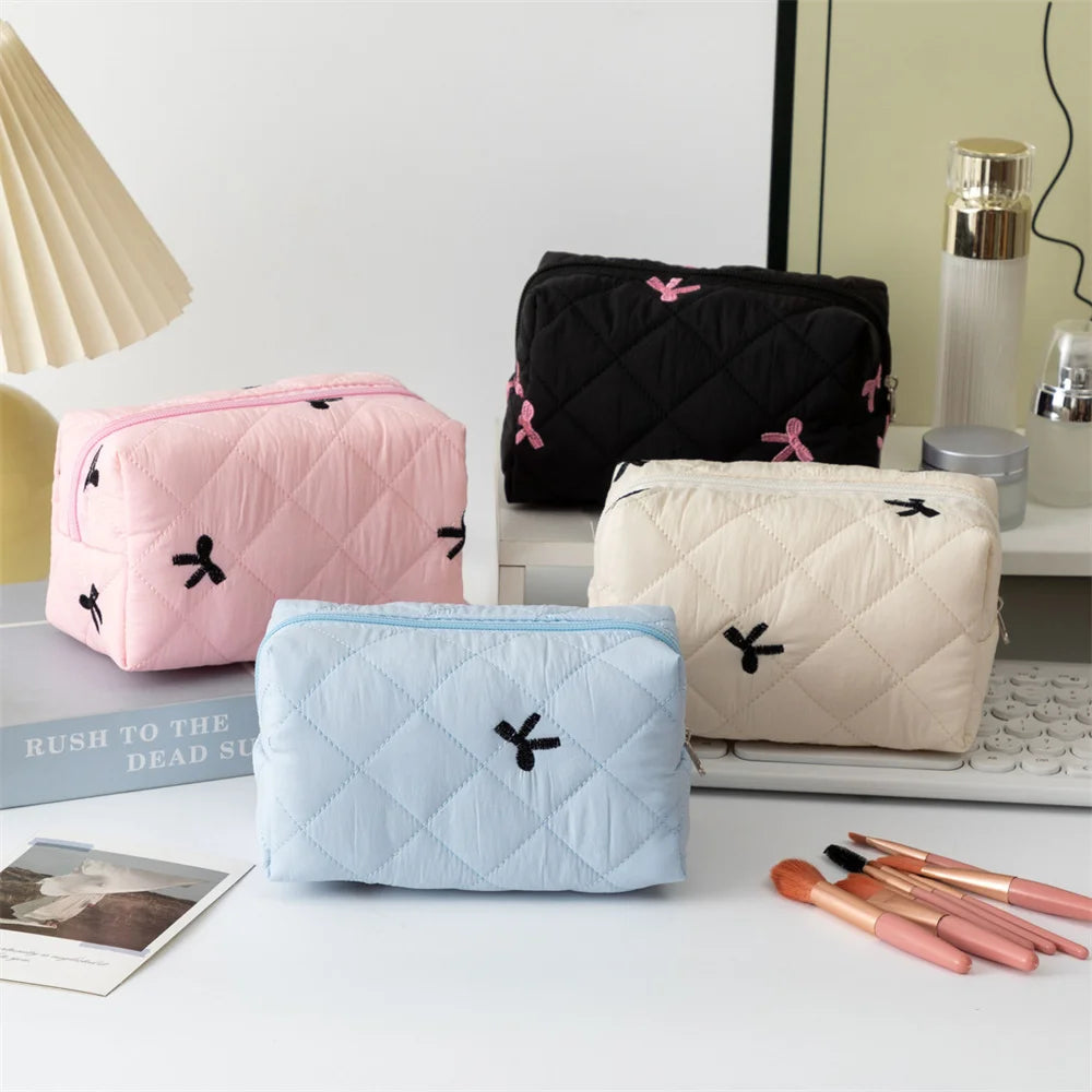 Embroidered Bow Makeup Bag - Large Capacity Travel Cosmetic Organizer