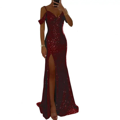 Long Dress Off Shoulder Dress Elegant Sequin Ball Gown for Prom Wedding Parties Off Shoulder V Neck Maxi Dress with Side Slit