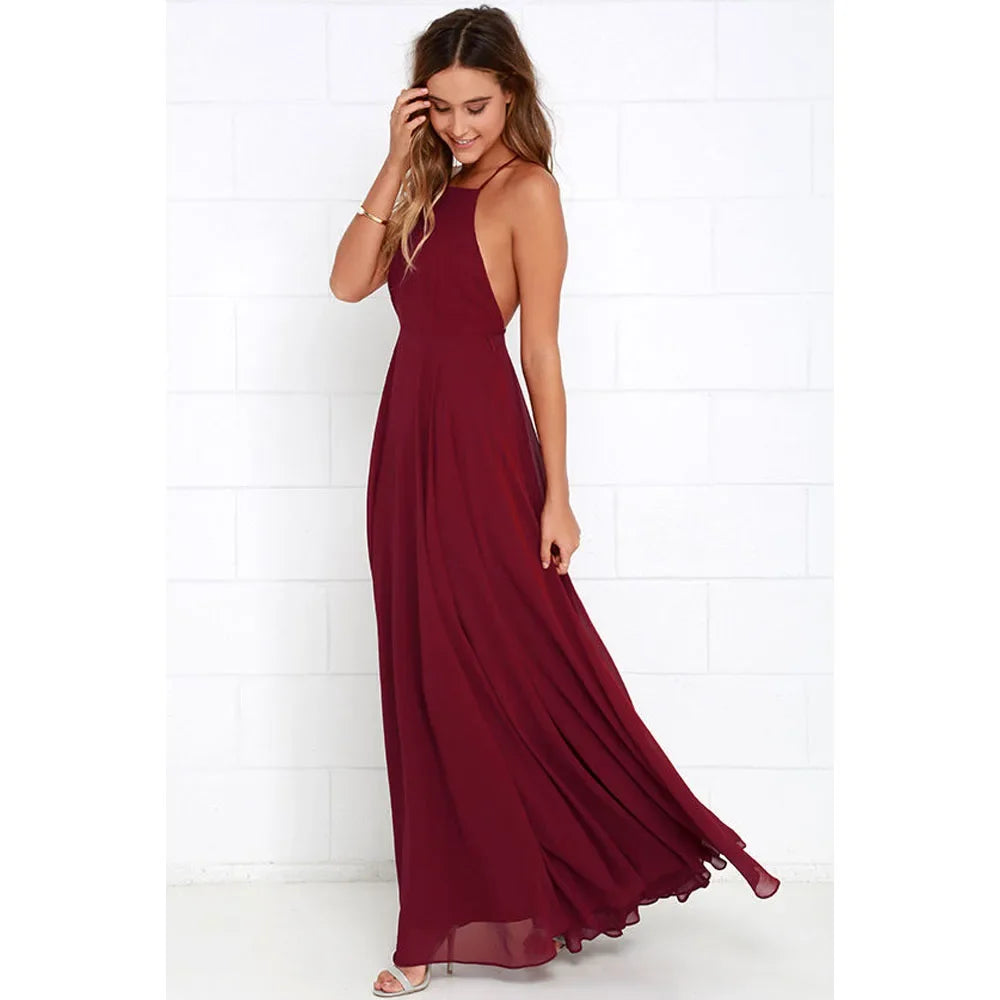 Fashion Women Summer Sleeveless Strap O neck Boho Dress Casual Long Maxi Evening Party Beach Backless Dress Sundress