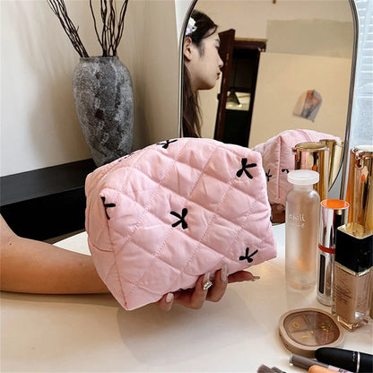 Embroidered Bow Makeup Bag - Large Capacity Travel Cosmetic Organizer