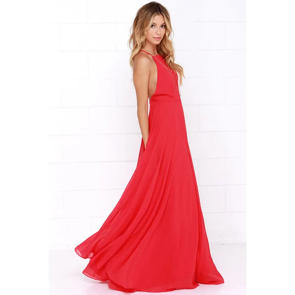 Fashion Women Summer Sleeveless Strap O neck Boho Dress Casual Long Maxi Evening Party Beach Backless Dress Sundress