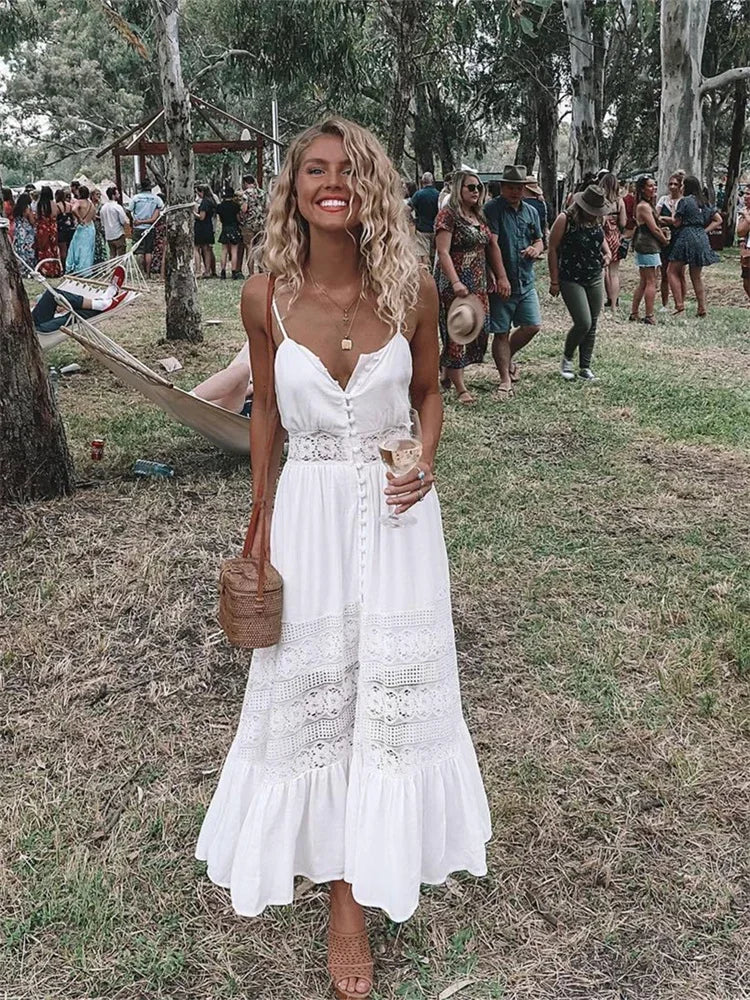 Summer Boho Long Dress Women Sleeveless Lace Pleated Beach White Dress for Evening Party Casual Dresses Vestidos Fashion