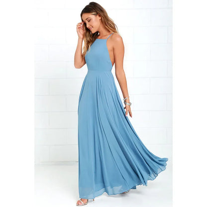 Fashion Women Summer Sleeveless Strap O neck Boho Dress Casual Long Maxi Evening Party Beach Backless Dress Sundress
