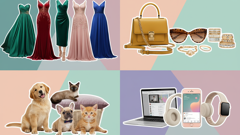 Coulage of images with dresses, accessories and pets and electronics